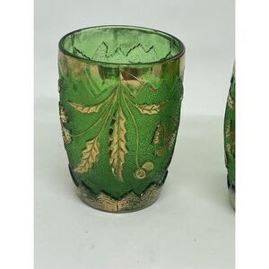 VTG 2 EAPG US Glass 1899 DELAWARE STATE PATTERN Emerald Green Gilt Tumbler 3.75”